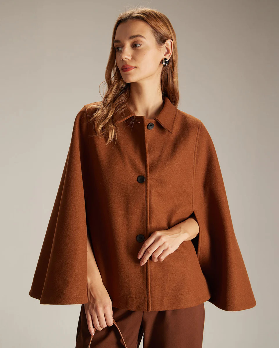 The Brown Collared Single Breasted Cape & Reviews - Brown - Outerwear | RIHOAS | rihoas.com