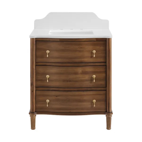 Guildhall 31 in. Single Sink Freestanding Bathroom Vanity in Warm Walnut with White Quartz Top (A... | The Home Depot