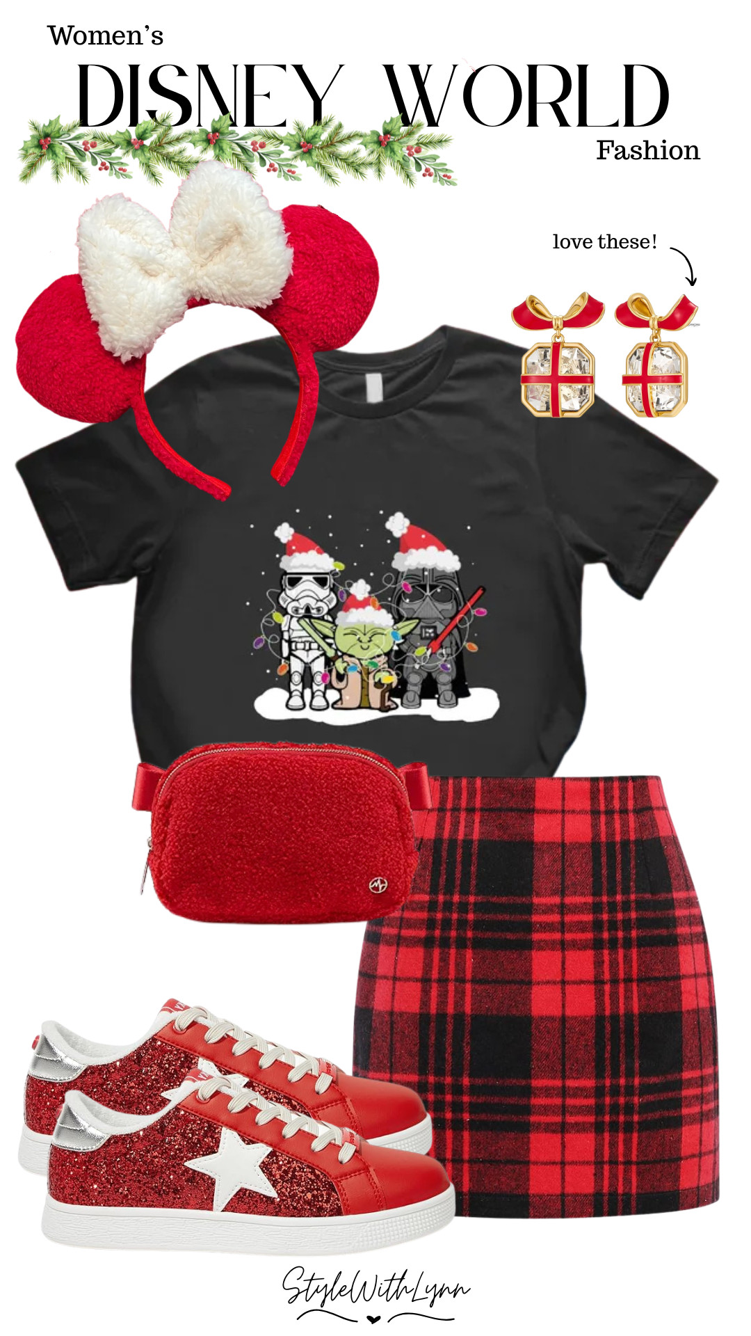 This cozy and cute Disney holiday outfit features a Star Wars Christmas tee, red and black plaid skirt, and sparkly sneakers. Perfect for Hollywood Studios Jollywood Nights or Mickey’s Very Merry Christmas Party. 🎄

Add a pop of holiday magic with sherpa Minnie ears, a red crossbody bag, and the most adorable gift bow earrings 🎁

⭐ Shop this look on my LTK!

Festive Disney outfit, Disney World holiday style, Star Wars Christmas shirt, Minnie ears holiday outfit, Disney park outfit ideas, and women’s Christmas Disney fashion

#DisneyWorldOutfit #DisneyChristmasStyle #StarWarsDisney #DisneyHolidayOutfit #WomensDisneyFashion #DisneyParksStyle #LTKHoliday #LTKDisney #StyleWithLynn 

 #LTKHoliday #LTKSeasonal #LTKStyleTip