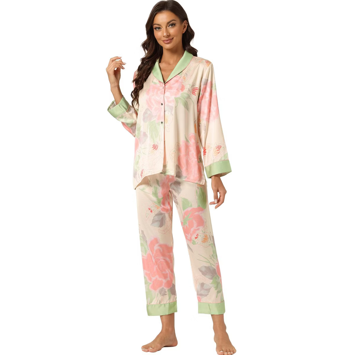 cheibear Women's Satin Floral Long Sleeves Shirts with Pants Lounge Pajama Set | Target