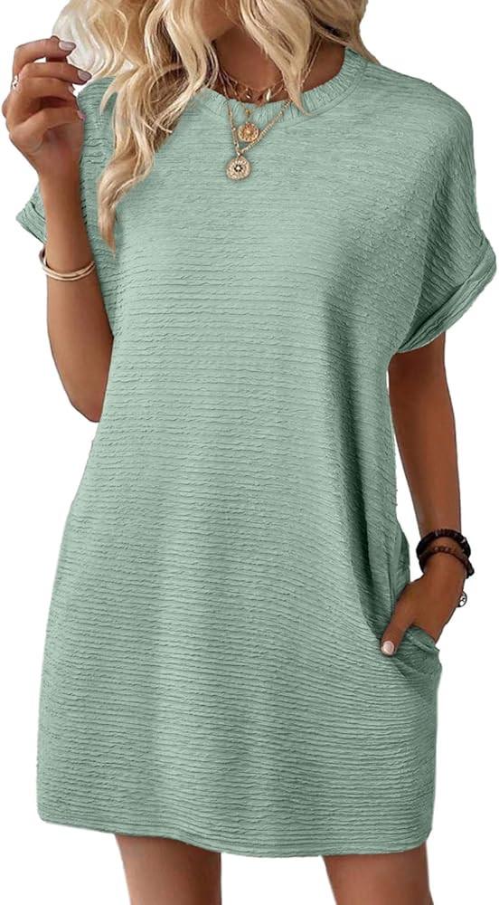 EVALESS Womens Summer Dresses Fashion 2025 Short Sleeve Spring Mini Dress Crewneck Solid Casual B... | Amazon (US)