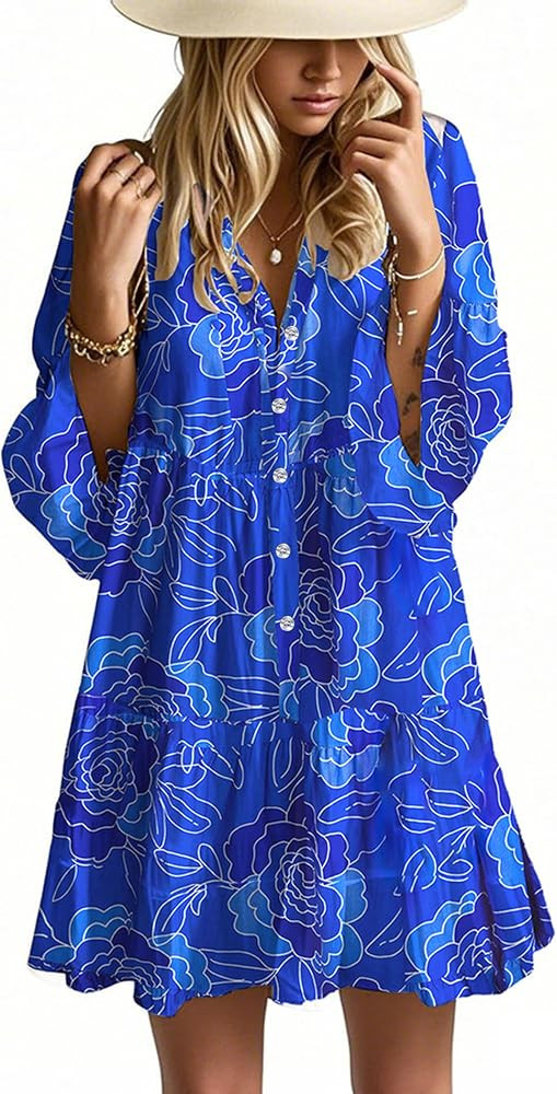 Opemiby Summer Dresses for Women 2026 Flowy Ruffle 3/4 Sleeve V Neck Tiered Casual Babydoll Boho ... | Amazon (US)