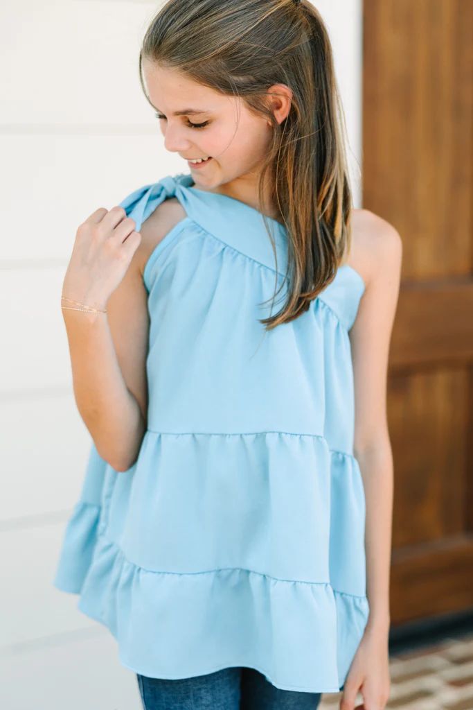 Girls: Protect Your Heart Blue Satin One Shoulder Tank | The Mint Julep Boutique