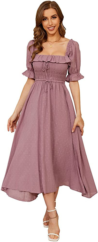 R.YIposha Women Vintage Elastic Square Neck Ruffled Half Sleeve Summer Backless Beach Flowy Maxi ... | Amazon (US)