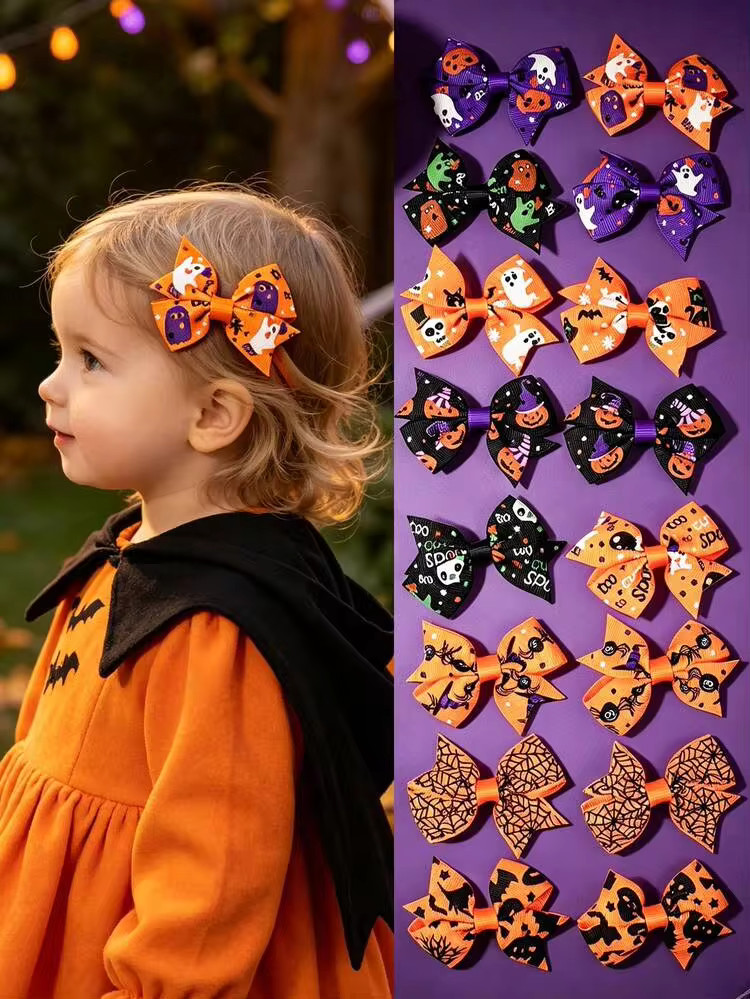 16pcs/Set Kids Halloween Cartoon Spider Web Pumpkin Ghost Bat Bow Hair Clips Girls Holiday Costum... | SHEIN