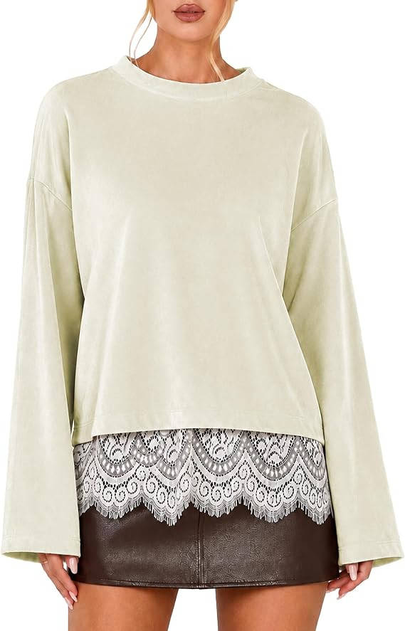 Womens Velvet Lace Hem Tops Loose Fit Long Sleeve Blouse | Amazon (US)