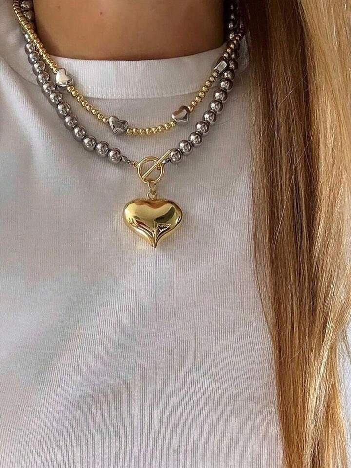 2pcs Set Exaggerated Ball Design Necklace, Stainless Steel Heart Pendant Necklace For Women Valen... | SHEIN