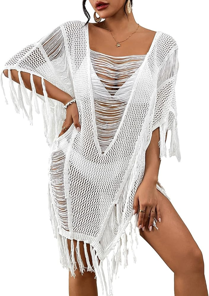 Bsubseach Sheer Beach Cover Ups Women Fringe Hollow Out Swimsuit Coverup | Amazon (US)