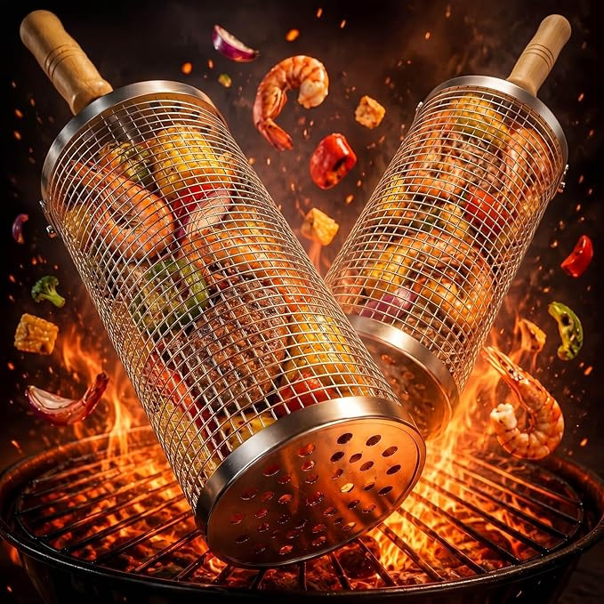 Rolling Grill Basket Set, 2-Pack 304 Stainless Steel BBQ Tool with Removable Wooden Handle for Ve... | Amazon (US)