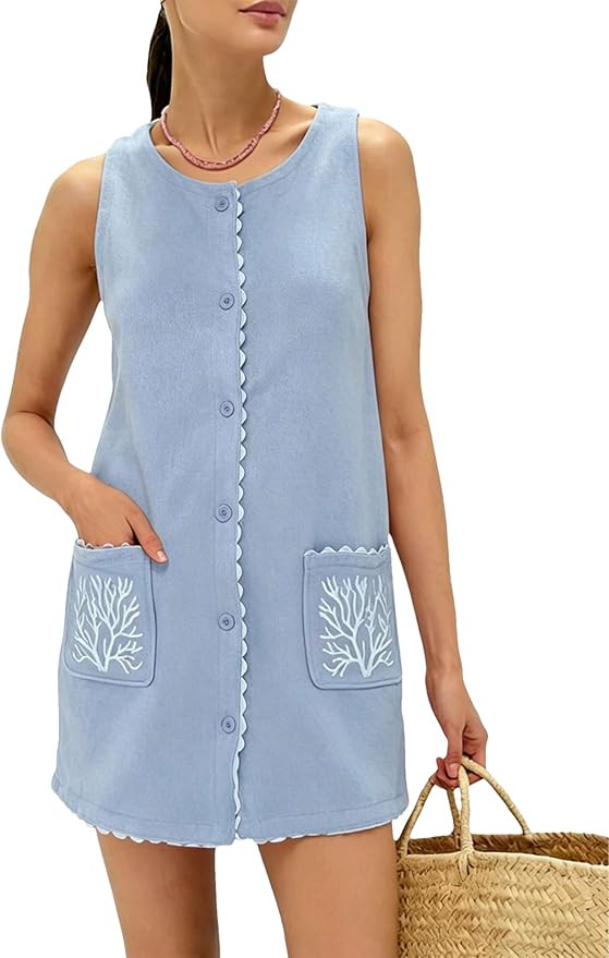 Sleeveless Mini Dress for Women Faux Suede Soft Cover Up with Button Front Summer Casual Embroide... | Amazon (US)