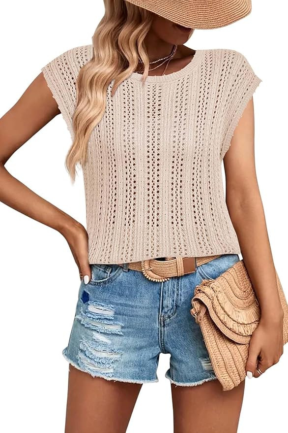 Arach&Cloz Womens Summer Crochet Tops 2024 Lightweight Cap Sleeve Crew Neck Knit Fashion Casual S... | Amazon (US)