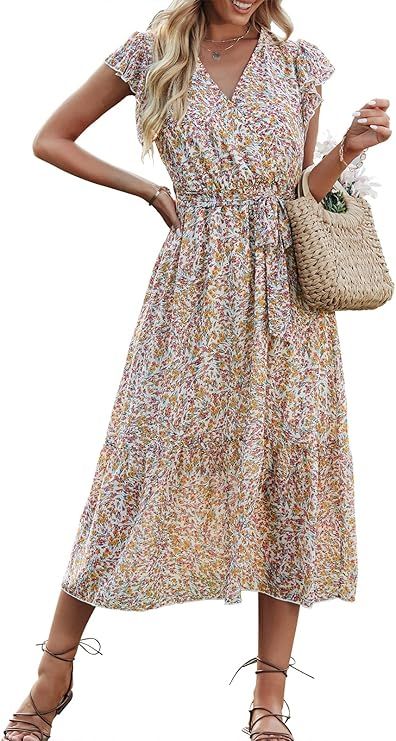 ANRABESS Women's Summer Floral Dress Wrap V Neck Short Flutter Sleeve Belted Ruffle Hem A-Line Bo... | Amazon (US)