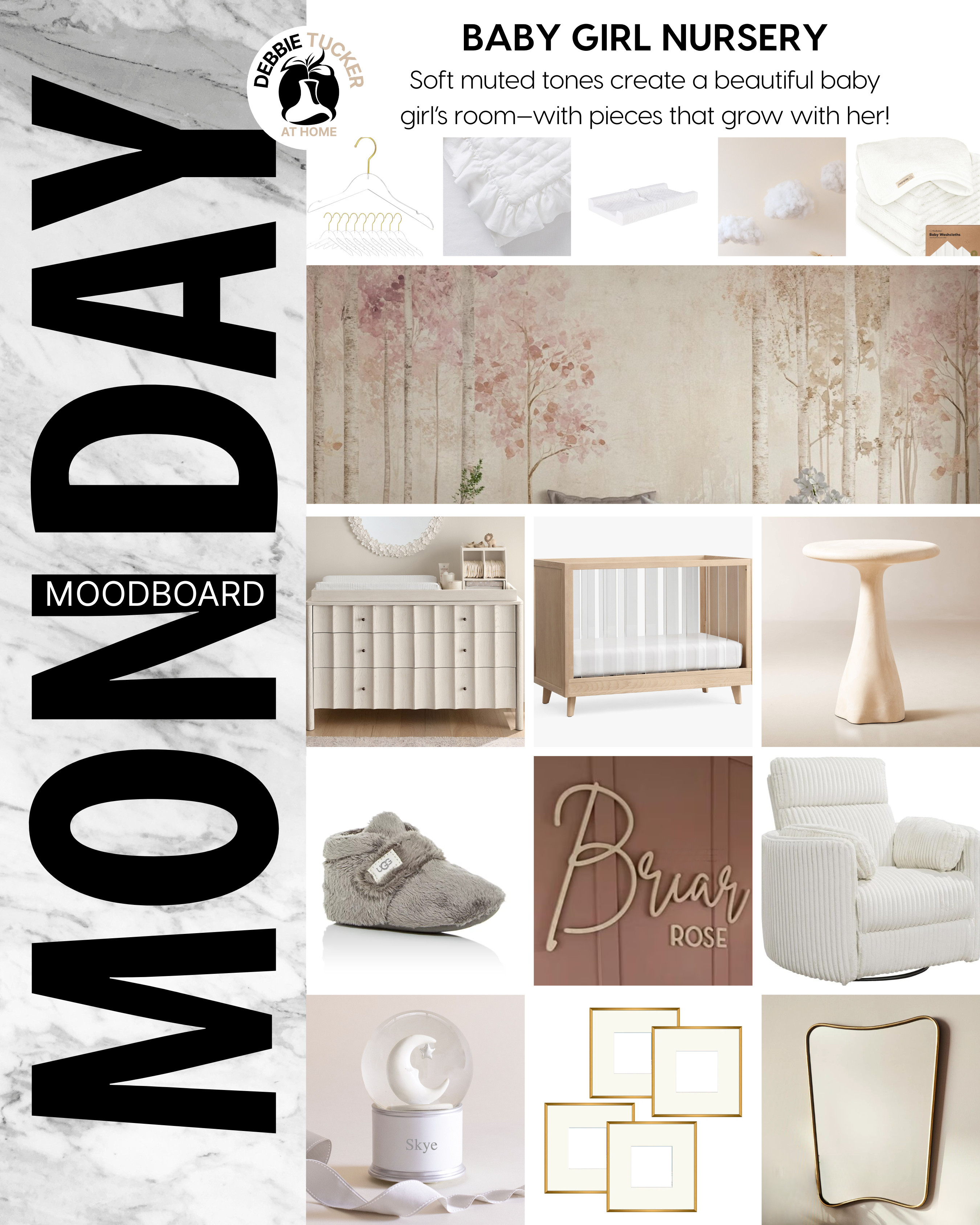 This baby girl’s room blends soft muted tones, natural wood, and acrylic accents—complete with a modern convertible crib and a dresser that doubles as a changing table with a removable top for later use. 

 #LTKHome #LTKBaby #LTKBump