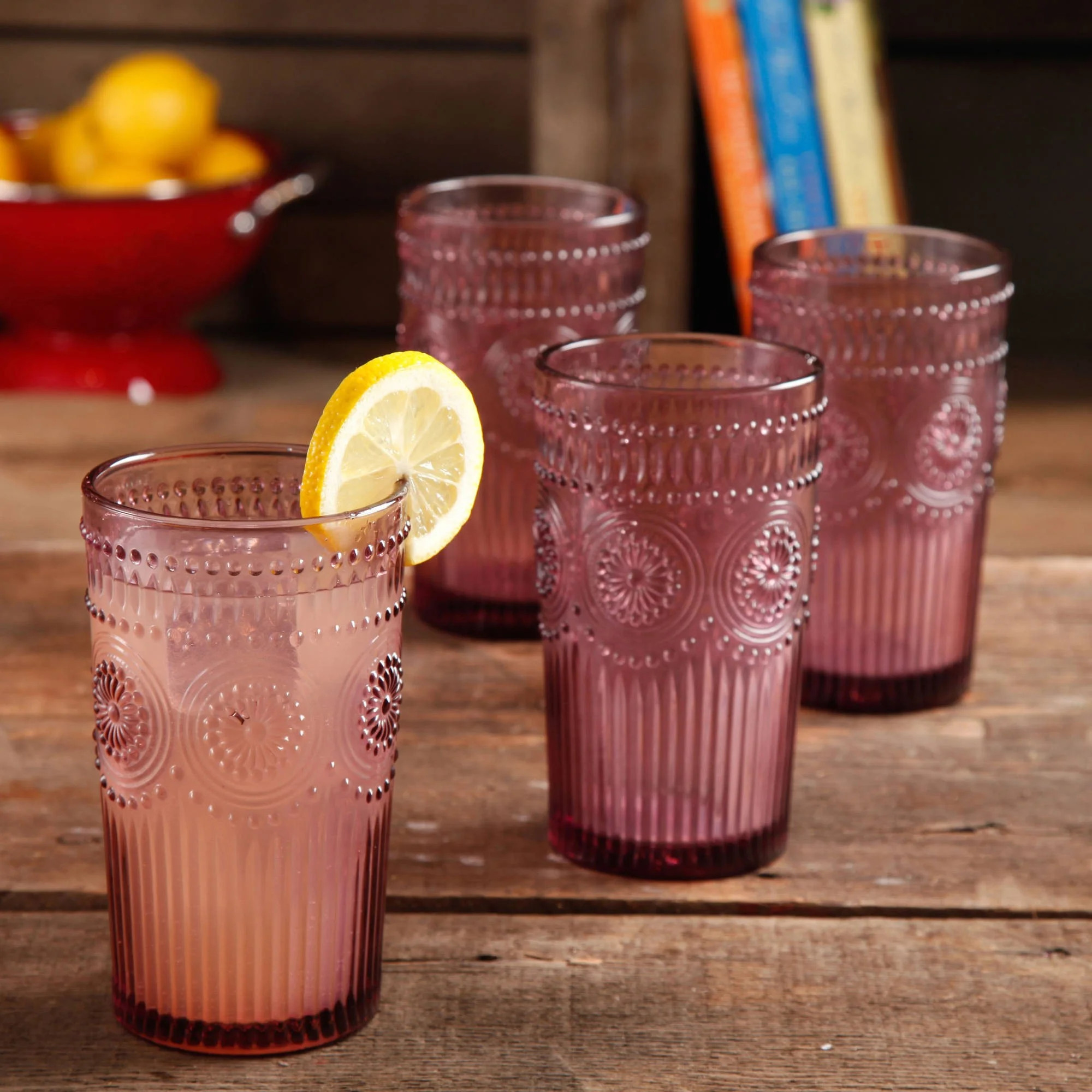 The Pioneer Woman Adeline 16-Ounce Emboss Glass Tumblers, Set of 4, Plum | Walmart (US)
