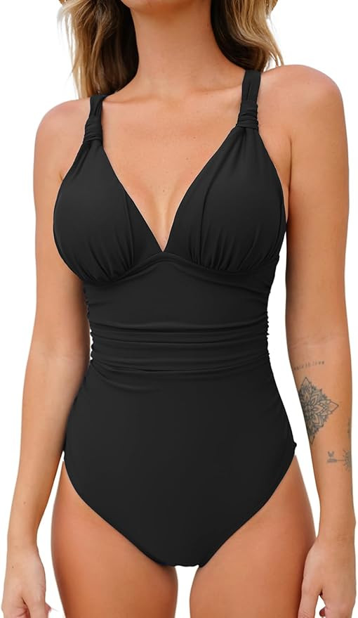 CUPSHE Women One Piece Swimsuit Deep V Neck Tummy Control Ruched V Back Classic Bathing Suits | Amazon (US)