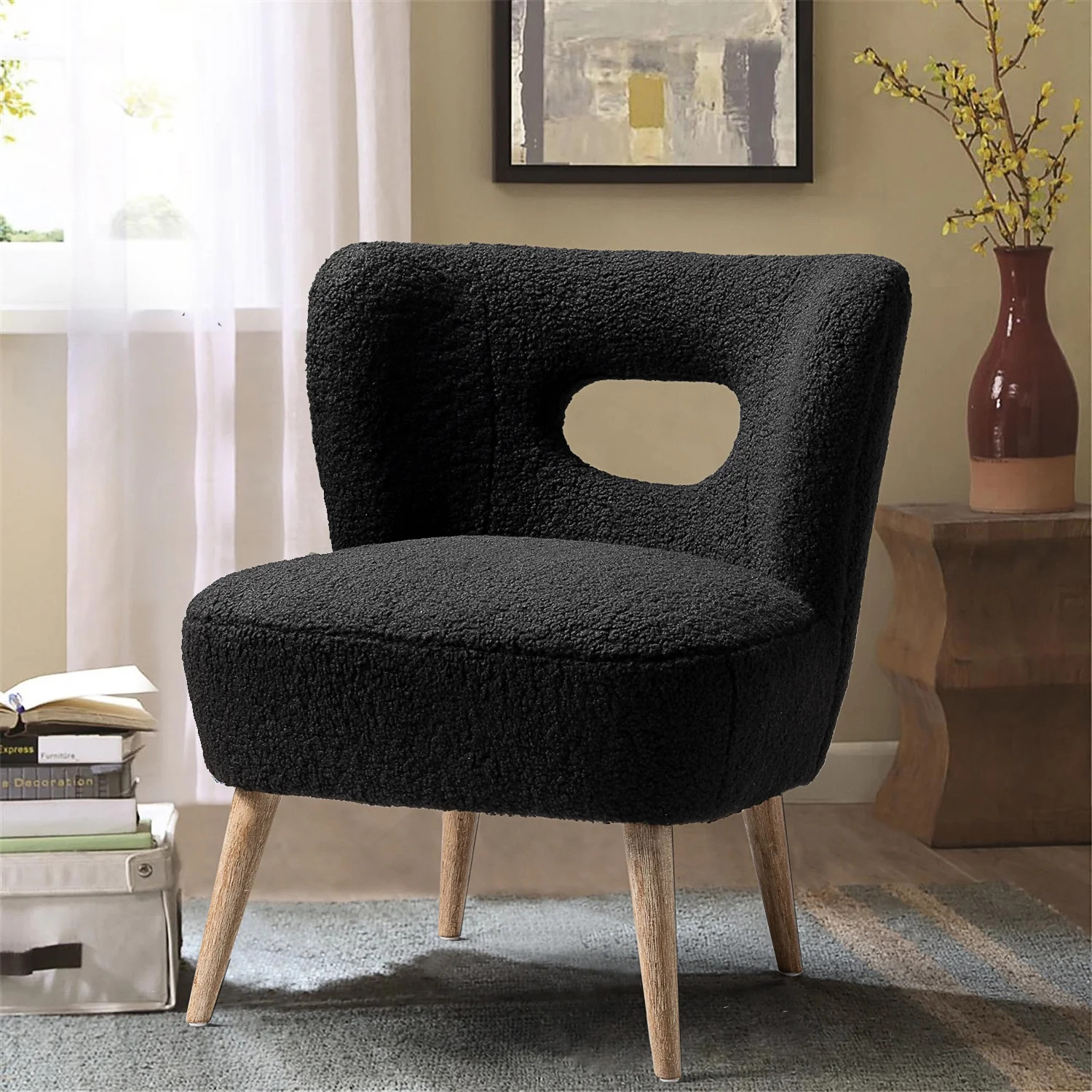 14 Karat Home Sherpa Wingback Chair with Open Back & Wooden Legs, Upholstered Lamb Armless Slippe... | Walmart (US)