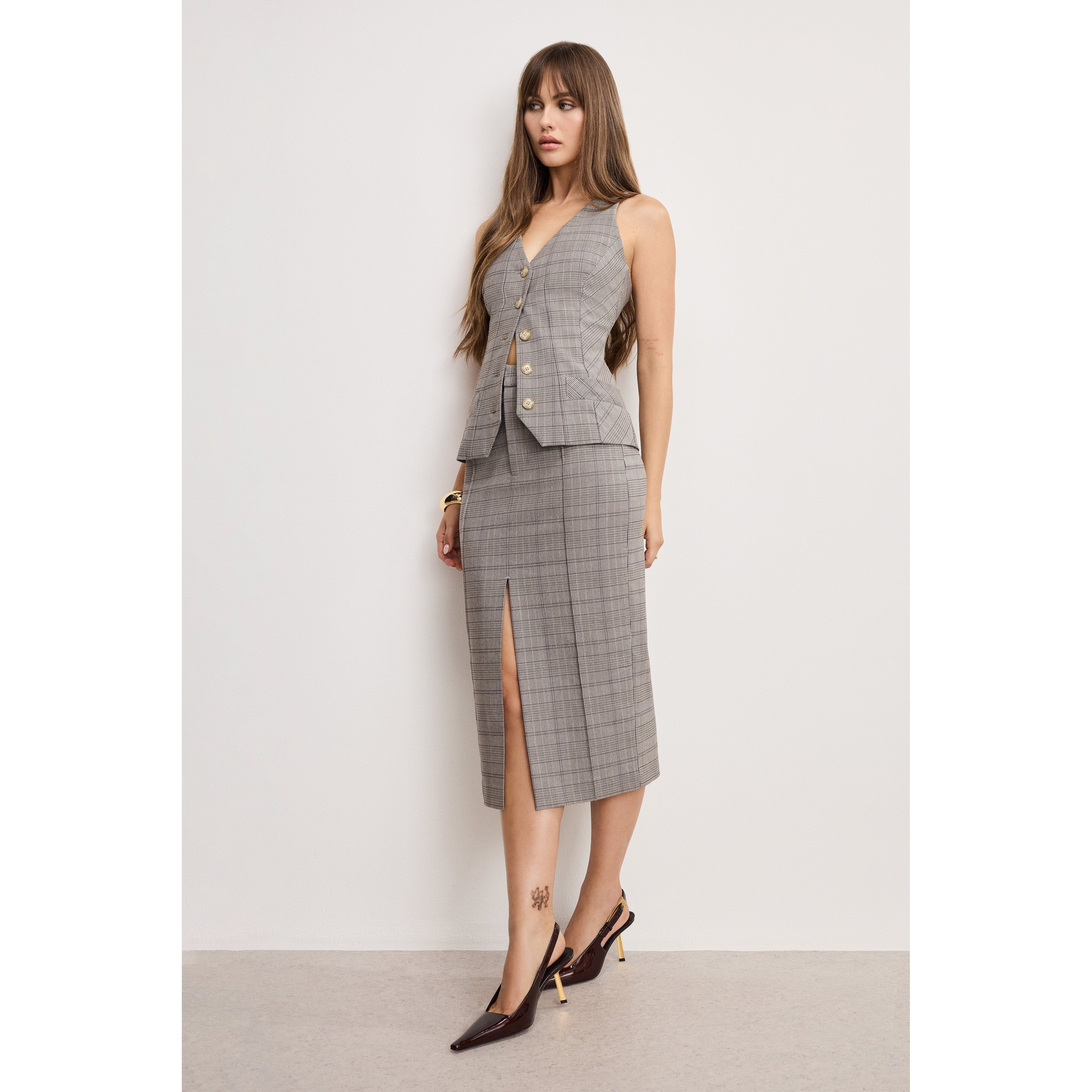Women's Plaid Midi Skirt | Glen Plaid, Size 2 | Good American by Khlo� Kardashian | Good American