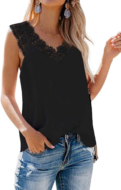 Women's V Neck Lace Strappy Cami Tank Tops Casual Loose Sleeveless Blouse Shirts | Amazon (US)