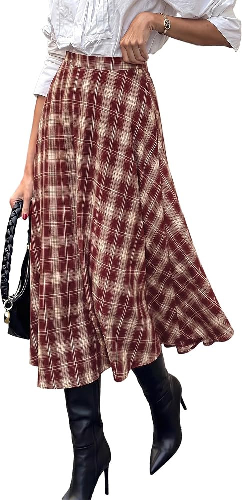 PRETTYGARDEN Women's Plaid High Waisted A-Line Midi Skirts | Amazon (US)