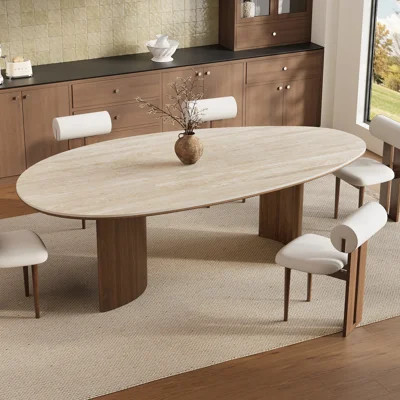 87" Oval Dining Table with Beige Travertine Tabletop, Dual Asymmetrical Brown Solid Wood Pedestal Bases, Modern Minimalist Dining Table Seats 6-8 | Wayfair North America