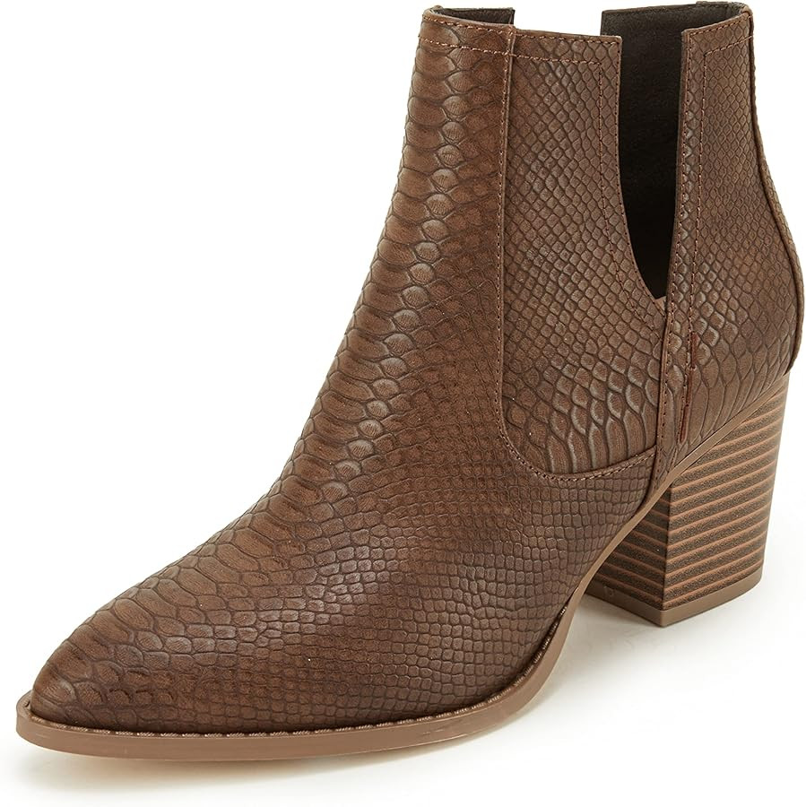 FISACE Womens Pointed Toe Stacked Mid Heel Ankle Boots V Cut Back Zipper Faux Leather Booties | Amazon (US)