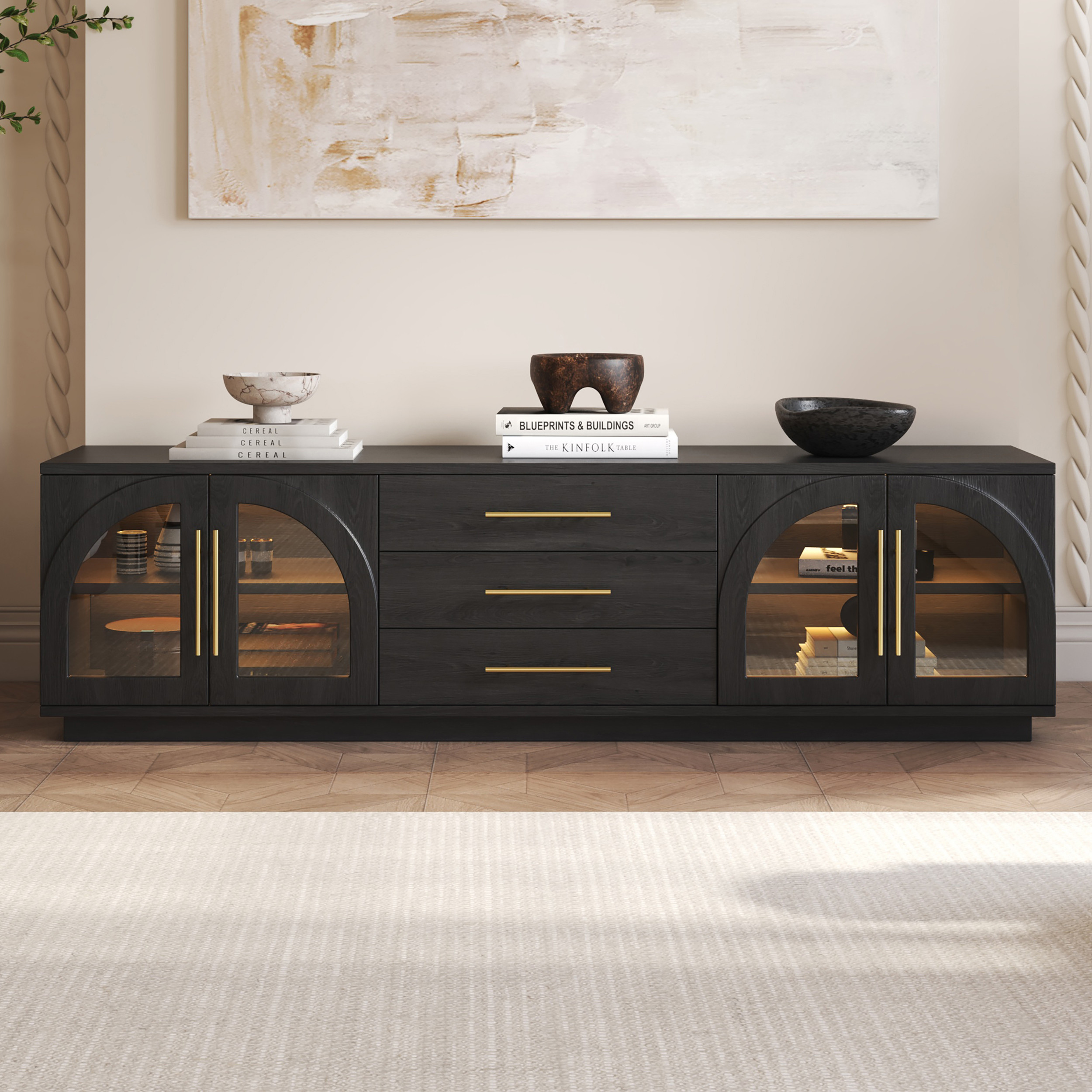 Arune 72" Mid Century Modern Black TV Stand with LED Lights and Arched Glass Cabinet Doors | Homary