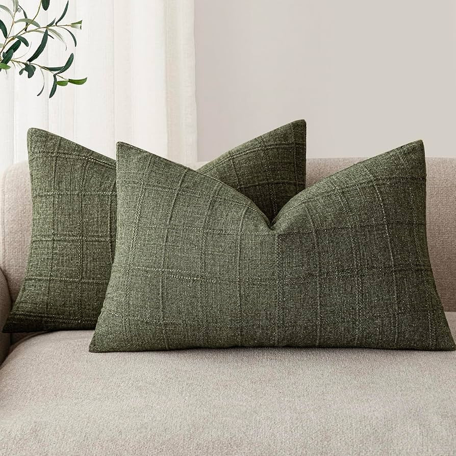 Foindtower Set of 2 Decorative Linen Check Throw Pillow Covers Neutral Farmhouse Lumbar Cushion C... | Amazon (CA)