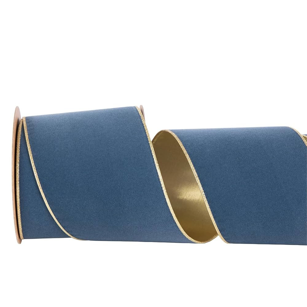 Denim Blue Velvet Wired Ribbon 4 Inch Wide*10Y Blue and Gold Double Sided Velvet Wired Ribbon for... | Amazon (US)