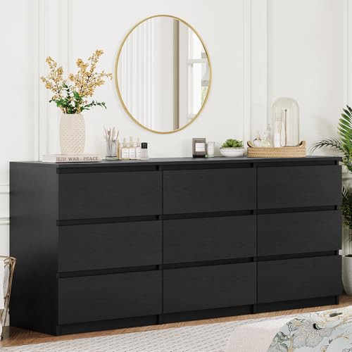 Angel Sar 62'' Black Dresser for Bedroom, Modern 9 Drawer Wood Dresser with Handle-Free Design & Thick Panel, Minimalist Storage Cabinet for Clothes, Entryway Use | Amazon (US)