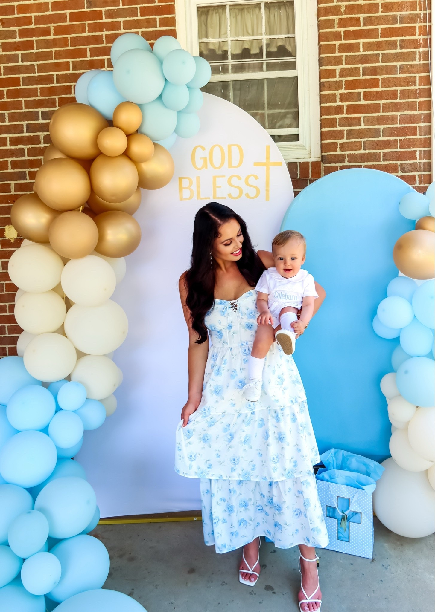 Amazon blue and white tiered maxi dress (size 6, 5+ colors), baptism blue balloon garland from Amazon and Amazon white lace up heels (tts) #founditonamazon

#LTKmomlife #LTKWedding #LTKBaby