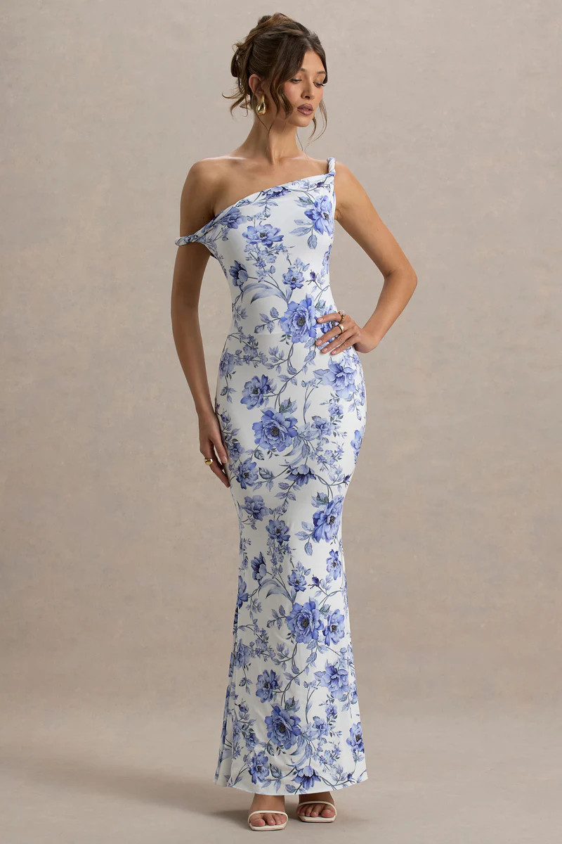 Lita | Blue Floral Twisted Asymmetric Maxi Dress | Club L London