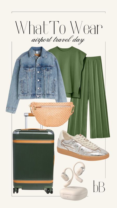 airport travel day outfit! Amazon matching set inspo. Jean jacket denim jacket outfit! Cute metallic sneaker! Woven bum bag. New luggage set! Earbuds! Mom and budget friendly!! 

#LTKSeasonal #LTKtravel #LTKitbag