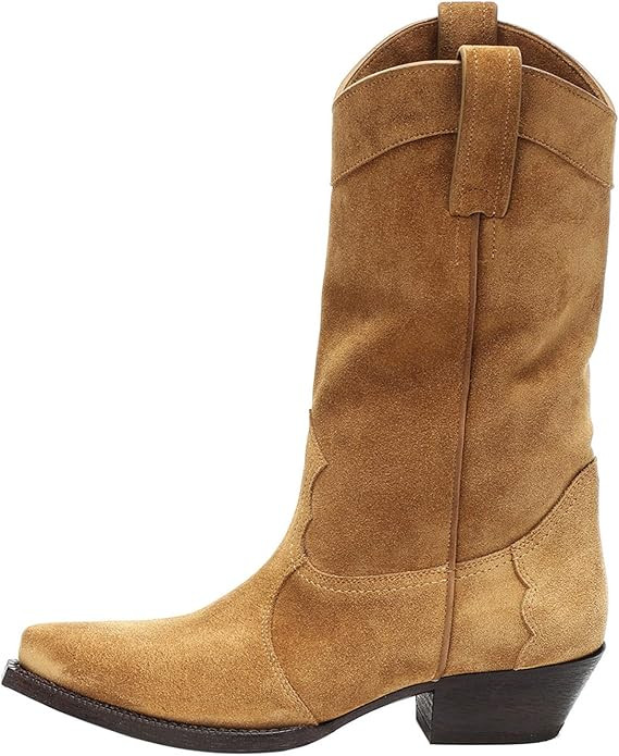 YIYA Women's Western Suede Cowboy Mid Calf Boots Classic Pointed Toe Chunky Low Heels Cowgirl Boo... | Amazon (US)