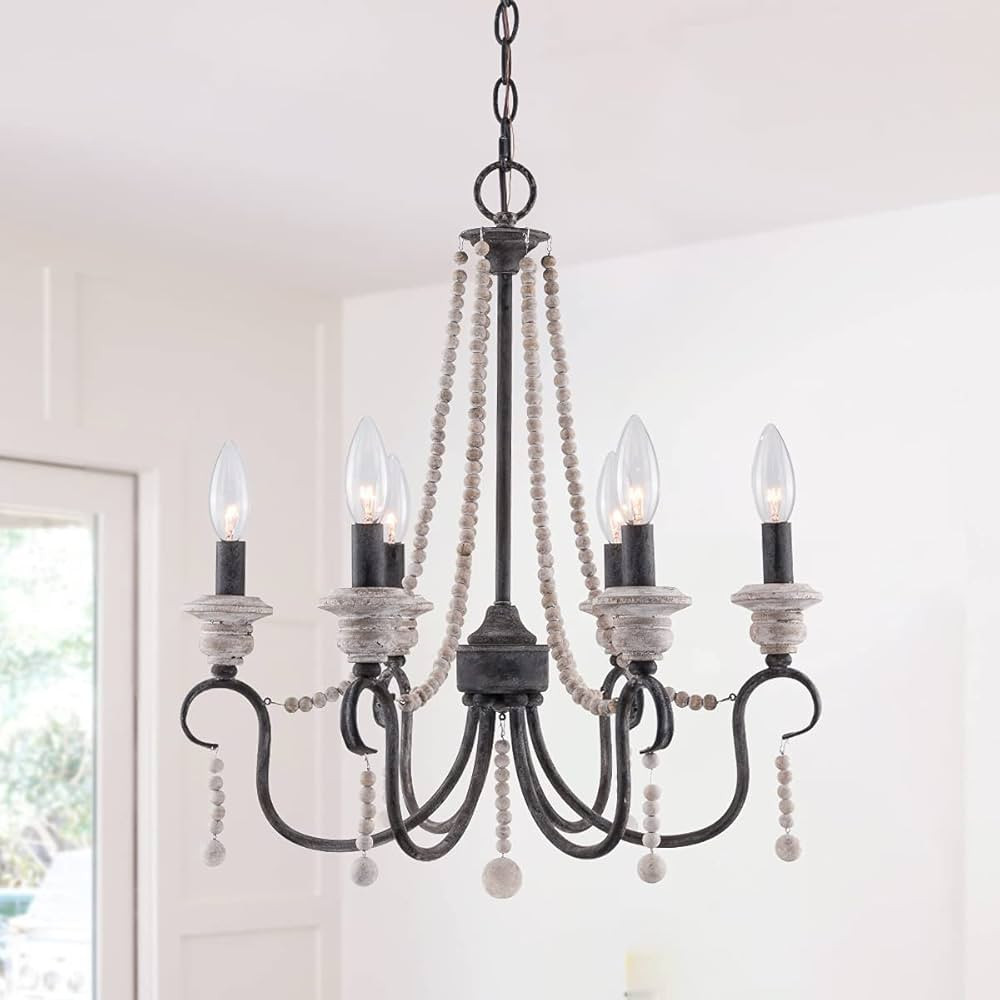 French Country Wooden Beaded Chandelier with 6 Candle Light, Farmhouse Wood Chandelier Pendant Ce... | Amazon (US)