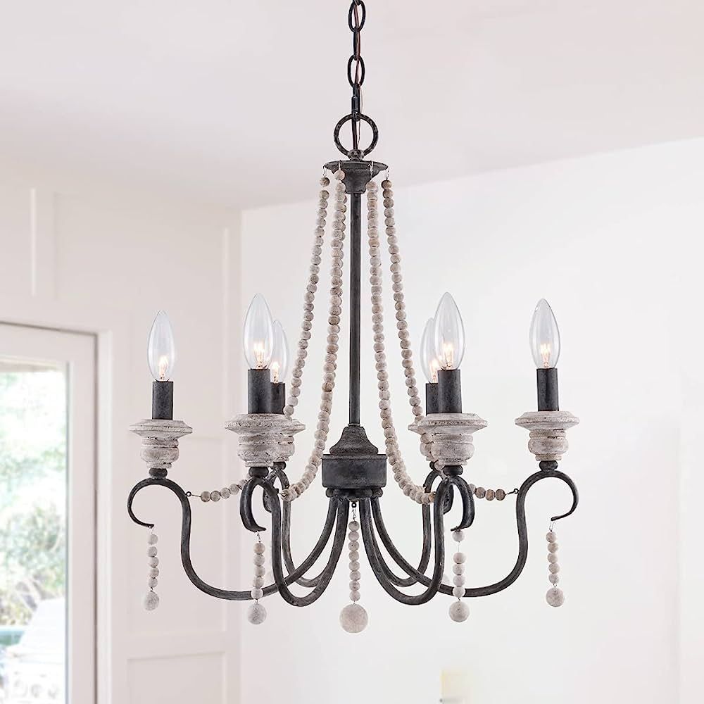 French Country Wooden Beaded Chandelier with 6 Candle Light, Farmhouse Wood Chandelier Pendant Ce... | Amazon (US)