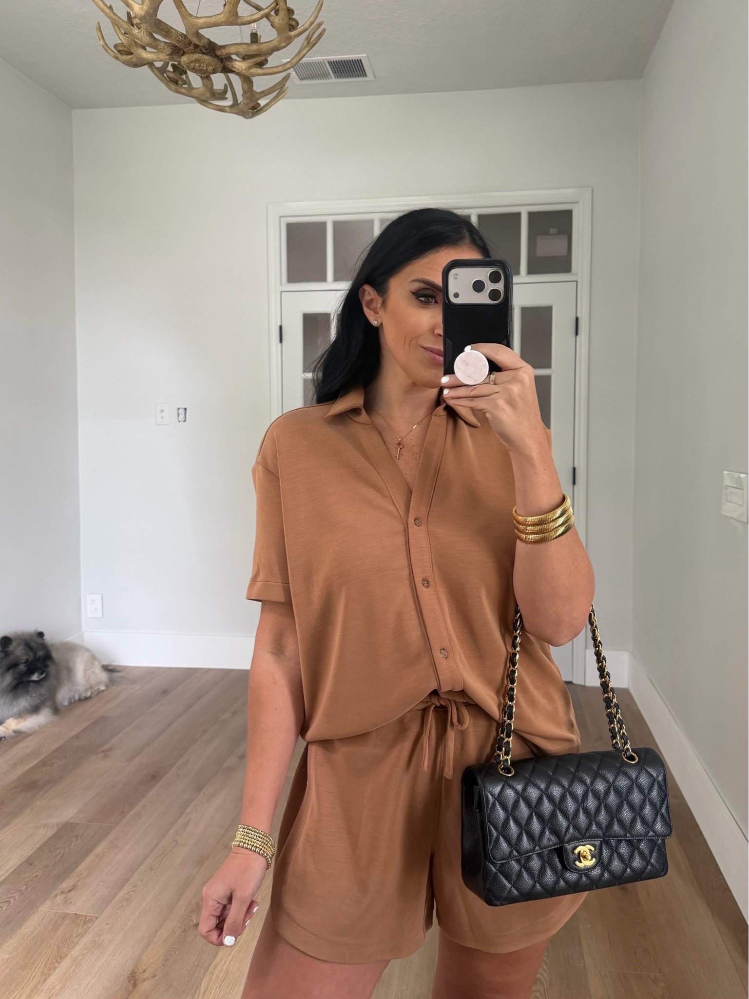 SPANX AirEssentials Sand washed Button Down Shirt wearing size small. 

SPANX AirEssentials Sand washed Short | Soft Lounge Shorts wearing size small.