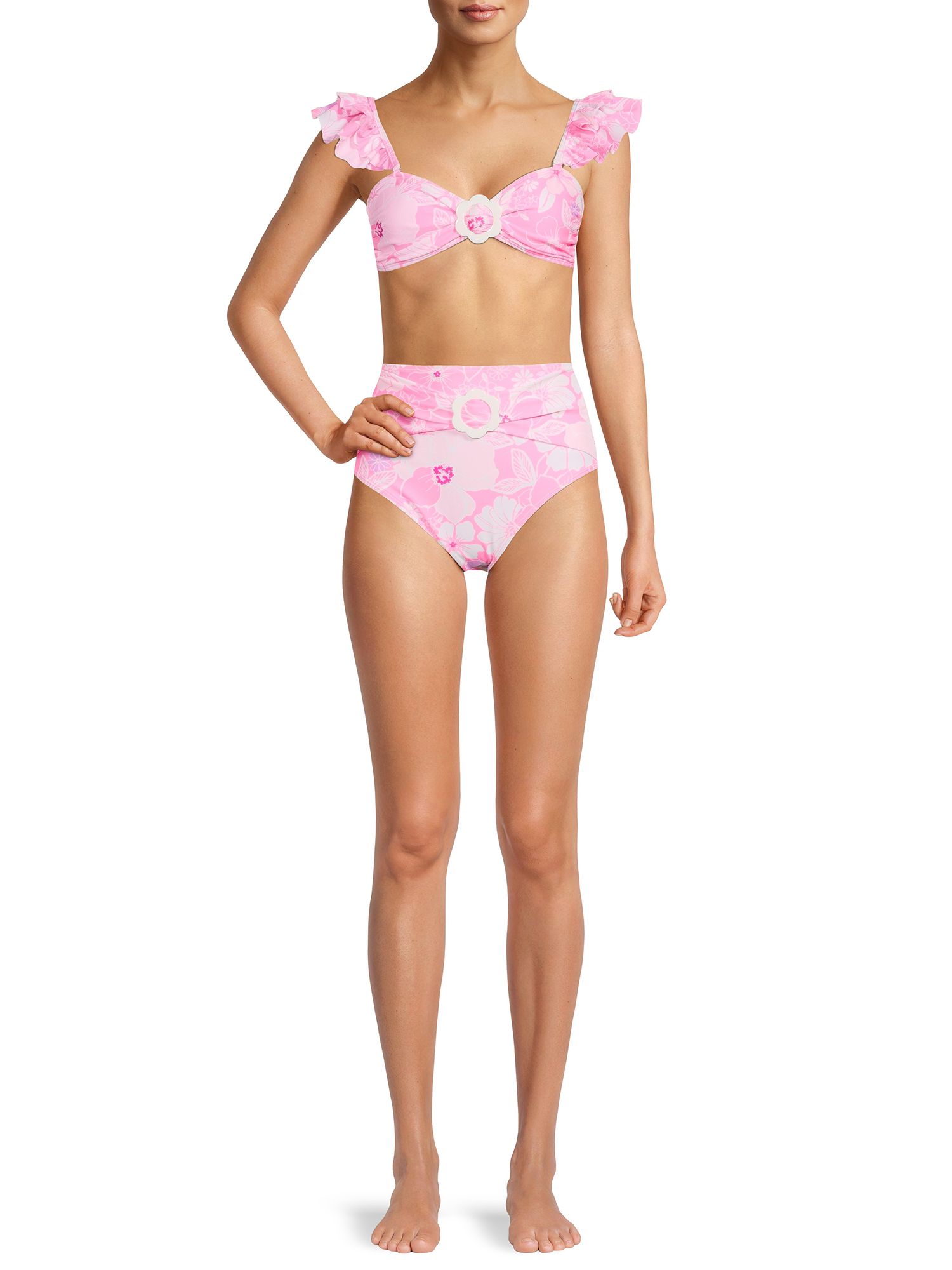 No Boundaries Junior's Ruffle Strap Floral Bandeau Swimsuit | Walmart (US)