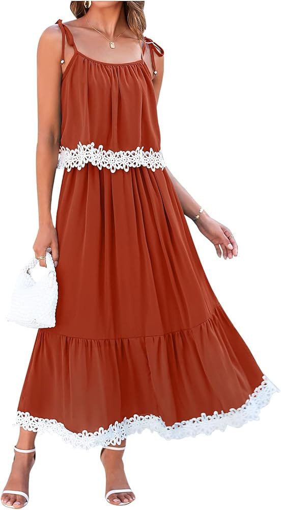 NALANISA Women's 2024 Summer Boho Sun Dress Tie Spaghetti Strap A Line Ruffle Beach Long Maxi Dre... | Amazon (US)