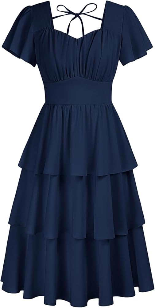 Belle Poque Women's Square Neck Tiered Ruffle Dress 2024 Summer Vintage Short Sleeve Layered A-li... | Amazon (US)