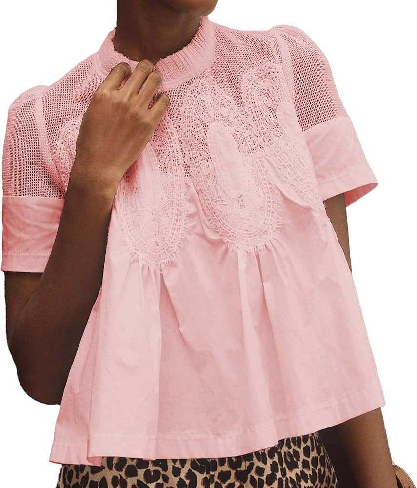 VAOYIU Women Lace-Detail Flared Blouse Short-Sleeve Crew Neck Lace Poplin Mesh Swing Top Elegant ... | Amazon (US)