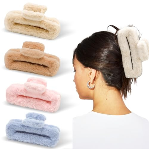 Ahoney 5 Inch Fuzzy Hair Claw Clips Extra Large Claw Clips Big Hair Clips for Thick Long Hair, Strong Hold Non-slip Jumbo Jaw Clips, Hair Accessories for Women (Warm) | Amazon (US)