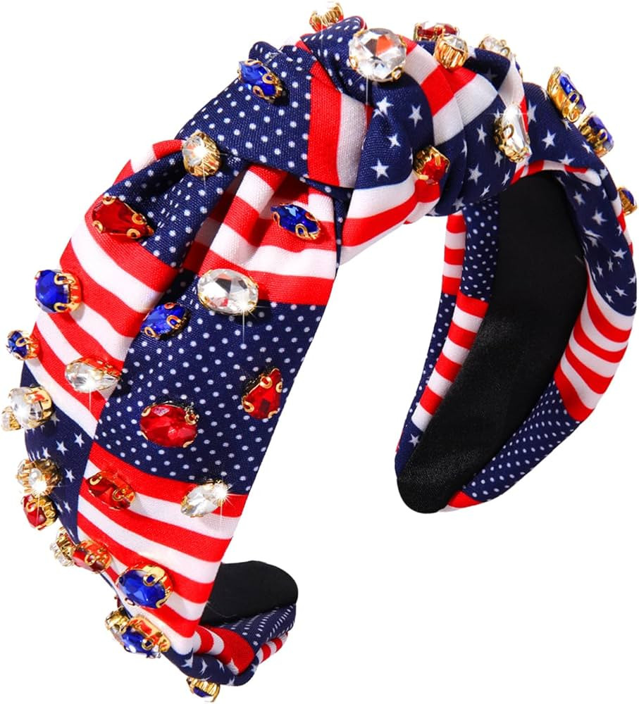 NVENF 4th of July Headbands, American Flag Star Headband Pearl Crystal Rhinestone Knotted Headban... | Amazon (US)