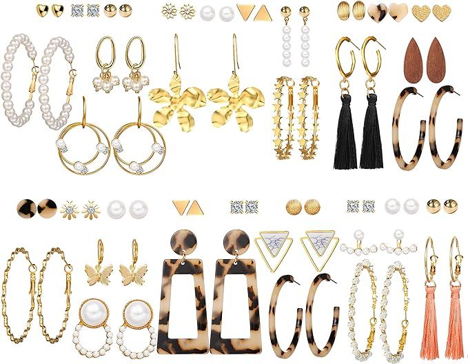 36 Pairs Gold Hoop Earrings Set with Pearl Tassel Acrylic Crystal Fashion Butterfly Dangle Drop H... | Amazon (US)
