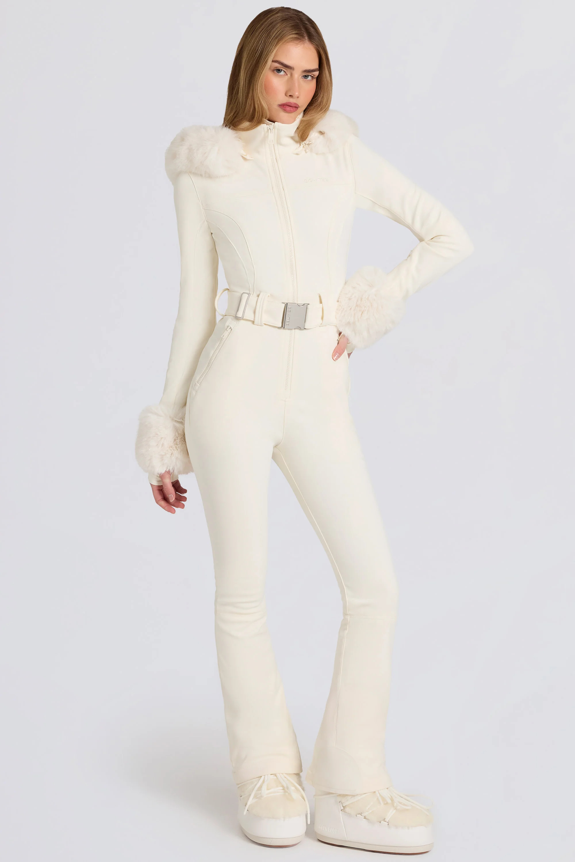 Waterproof Faux-Fur Hood Fitted Ski Suit in Ice | Oh Polly
