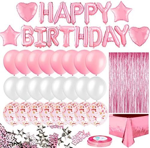 MOVINPE Pink Birthday Party Decoration, Happy Birthday Banner, Rose Gold Fringe Curtain, Foil Tab... | Amazon (US)