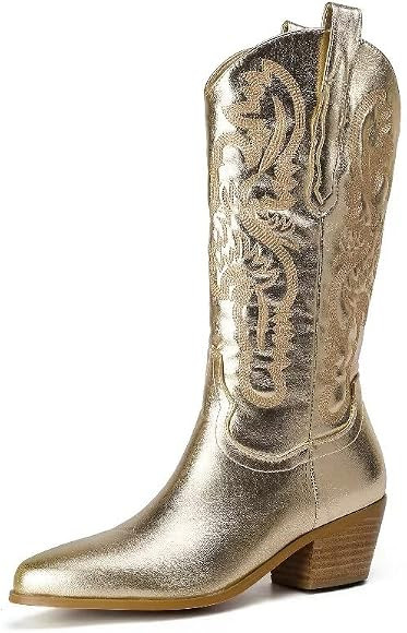 FVEPOMM Women's Embroidered Western Cowboy Boots Mid Tube Pointed Toe Chunky Heel Shiny Vintage F... | Amazon (US)