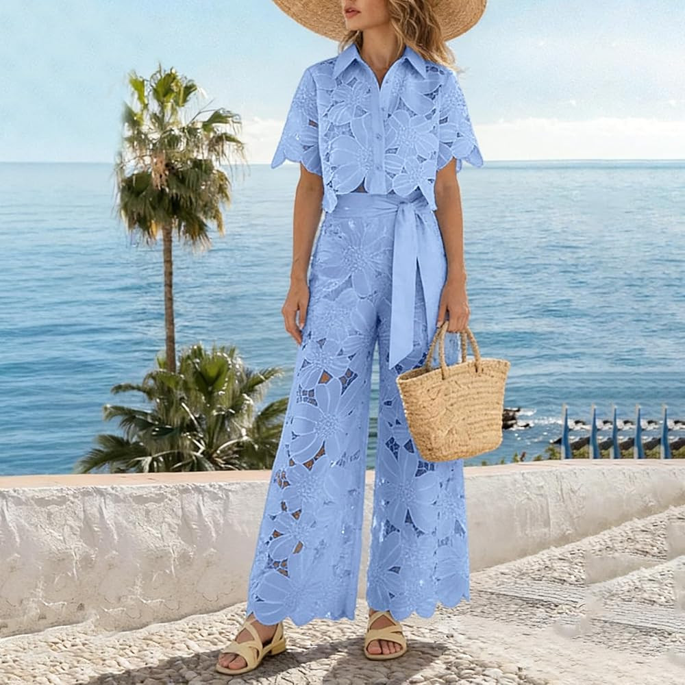 Women's Lace Two Piece Outfits Sexy Floral Hollow Out Short Sleeve Lapel Vest Wide Leg Pants Matching Sets | Amazon (US)