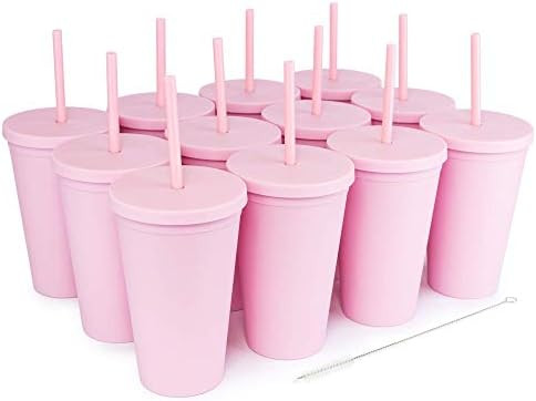 Tumblers with Lids (12 pack) 16oz Pastel Colored Acrylic Cups with Lids and Straws | Double Wall Mat | Amazon (US)