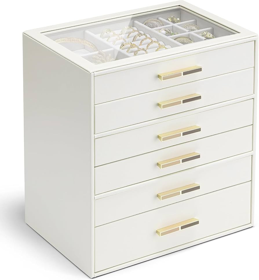Vlando 6 Layer Jewelry Box for Women, Glass Lid Jewelry Organizer with 6 Drawers for Necklaces Ri... | Amazon (US)
