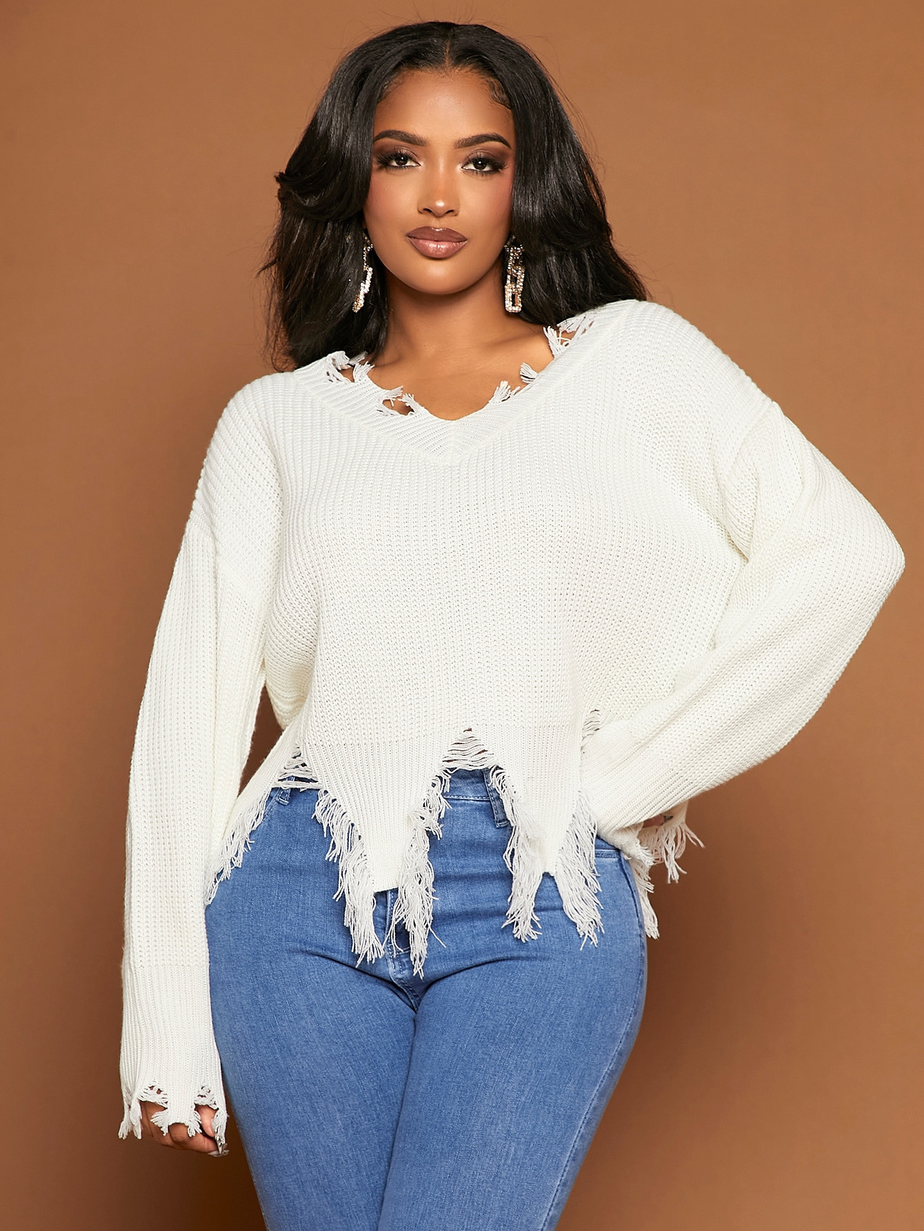 SHEIN SXY Distressed Trim Drop Shoulder Sweater | SHEIN